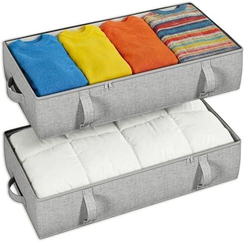 TidyCorner 2-Pack Under Bed Storage Containers, 8 Inches Tall Underbed Clothes Storage Organizer Bin with Sturdy Sidewalls/Bottom, Under the Bed Storage Bags 2 Storage Bins, Light Grey