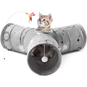 Tempcore Pet Cat Tunnel Tube Cat Toys 3 Way Collapsible, Cat Tunnels for Indoor Cats Fleece-Lined in for WarmthKitty Tunnel Bored Pet Toys Peek Hole Toy Ball Puppy, Kitten, Rabbit Gray Sun