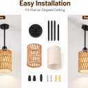 Rattan Pendant Light, 6 Inch 2-in-1 Boho Hanging Fixture with Iron Rods & Linen Shade, Adjustable Height & Sloped Ceiling Compatible for Kitchen Island Dining Room Farmhouse Bedroom, 2 Pack