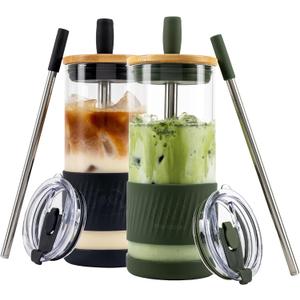 Pandaloo Glass Cups With Lids and Straws -20 Fl Oz- Perfect Size Iced Coffee Cup - Smoothie Cup With Bamboo Lid and On the go Lid - (2 Count (Pack of 1), Black Saphir-Mediterranean Olive)