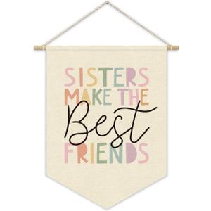 Girls Room Wall Art Decor,Cute Toddler Girl Room Pink Nursery Bedroom Playroom Canvas Banner Decorations,Sisters Make The Best Friends Wall Hanging Pennant Flag Banner for Teen Little Girls