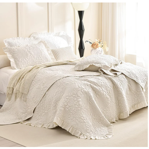 Masaca Oversized Queen Bedspread,Shabby Boho Chic Quilt Bedding Set 3Pcs (1 Farmhouse Quilt and 2 Pillowshams) Wheat Ruffled Crinkled Quilt Set Soft Lightweight Reversible Bedspreads & Coverlets