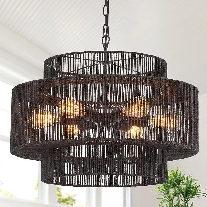 Hand-Woven Rattan Chandelier Vintage 6-Light Farmhouse Boho Bamboo Chandeliers Light Fixture 23.6" Retro 3-Tier Drum Wicker Rattan Black Chandelier for Dining Room, Kitchen Island, Bedroom (Black 6-Light)