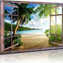 Large Window Beach Canvas Wall Art for Living Room Tropical Ocean Landscape Wall Decor Sunset Palm Tree Pictures Coastal Photo Prints Nature Seascape Artwork for Bedroom Office Home Decorations 32x48"