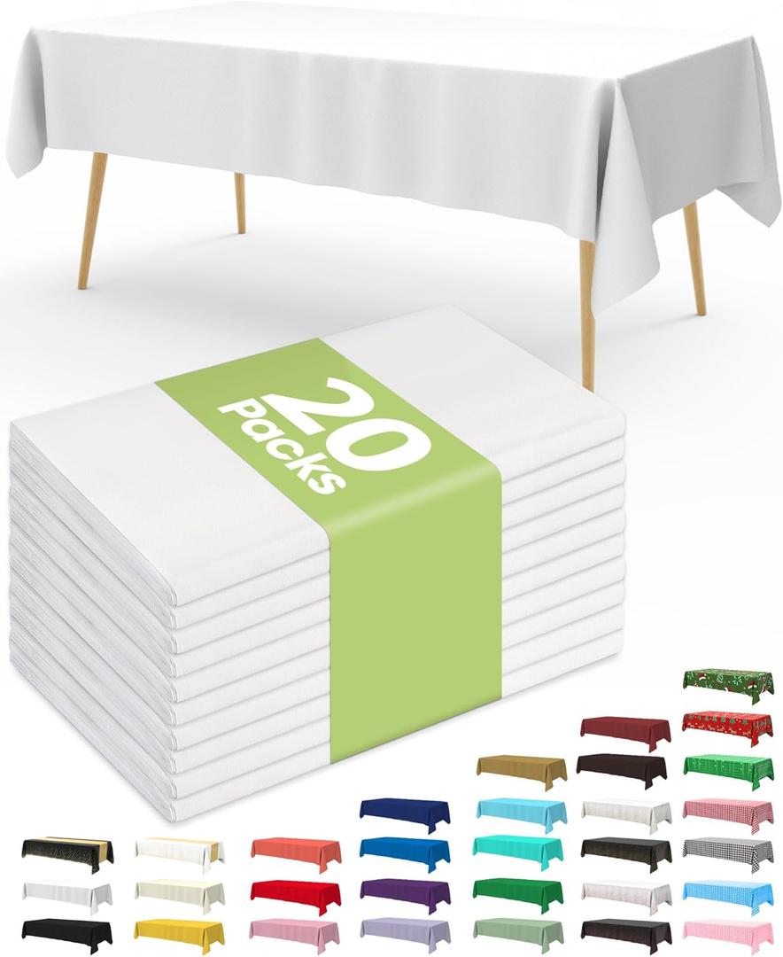 Pureegg Plastic Table Cloth Disposable 20 Pack, 54 x 108 Inch Table Cloths, Party, Picnic, Wedding, Decorative Tablecloths, Rectangle, White Plastic Cover, Leakproof & Sturdy, White