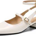 Womens Square Toe Mary Jane Pumps Chunky Low Heels Ankle Strap Slingback Wedding Party Dress Shoes (7.5, White)