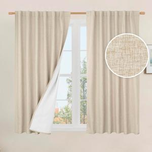 LAMIT Full Blackout Window Curtains for Bedroom, 54 Inches Thermal Farmhouse Curtains Back Tab and Rod Pocket Privacy Protected Burlap Panels with White Liner, 2 Panels, 52 x 54 Inch