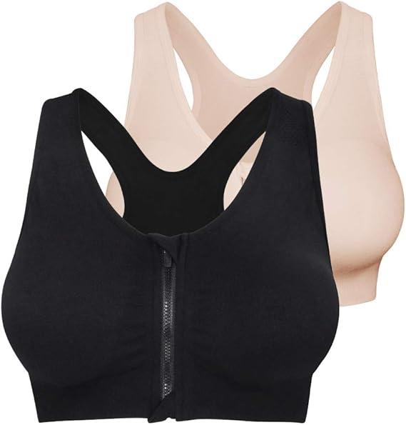 Fapreit Women's Zip Front Closure Sports Bra - Seamless Wirefree Post Surgery Zipper Padded Racerback Workout Gym Yoga Bras (X-Large, 2 Pack (Black+beige))