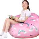 Lukeight Unicorns Stuffed Animals Storage Bean Bag Chair Cover Only (Ships Empty, No Filling) - Velvet YKK Zipper Beanbag Cover for Toddlers and Kids, Washable Plush Toy Organizer, Large 27" D x 16" H (Rainbow Pink)