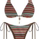 ZAFUL Crochet Bikini Sets for Women Cheeky Boho Bathing Suits Striped Brazilian High Cut Thong Bikini Swimsuit for Vacation, Medium