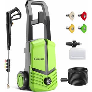 GREENER Electric Pressure Washer, 3800PSI, 4 Quick Nozzles, 2.4GPM, 23FT Outlet Hose, 9FT Power Cord, Power Washer Electric Powered with Soap Cannon for Car, Fence, Driveway, Patio Cleaning-Green