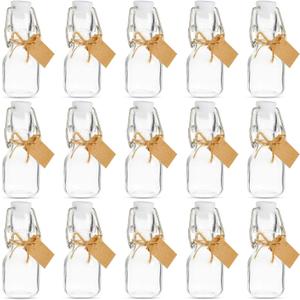 BLUE PANDA 15 Pack Small Swing Top Glass Bottles - 2 oz/60 ml Bottles with Lids, Stoppers, Tags & Jute Twine for Wedding Party