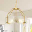 Modern Textured Glass Chandeliers for Dining Room: 20'' Drum Brushed Gold Entryway Light Fixture Hanging - 5 Light Kitchen Chandelier Over Table - Semi Flush Mount Chandelier for Bedroom Hallway Foyer