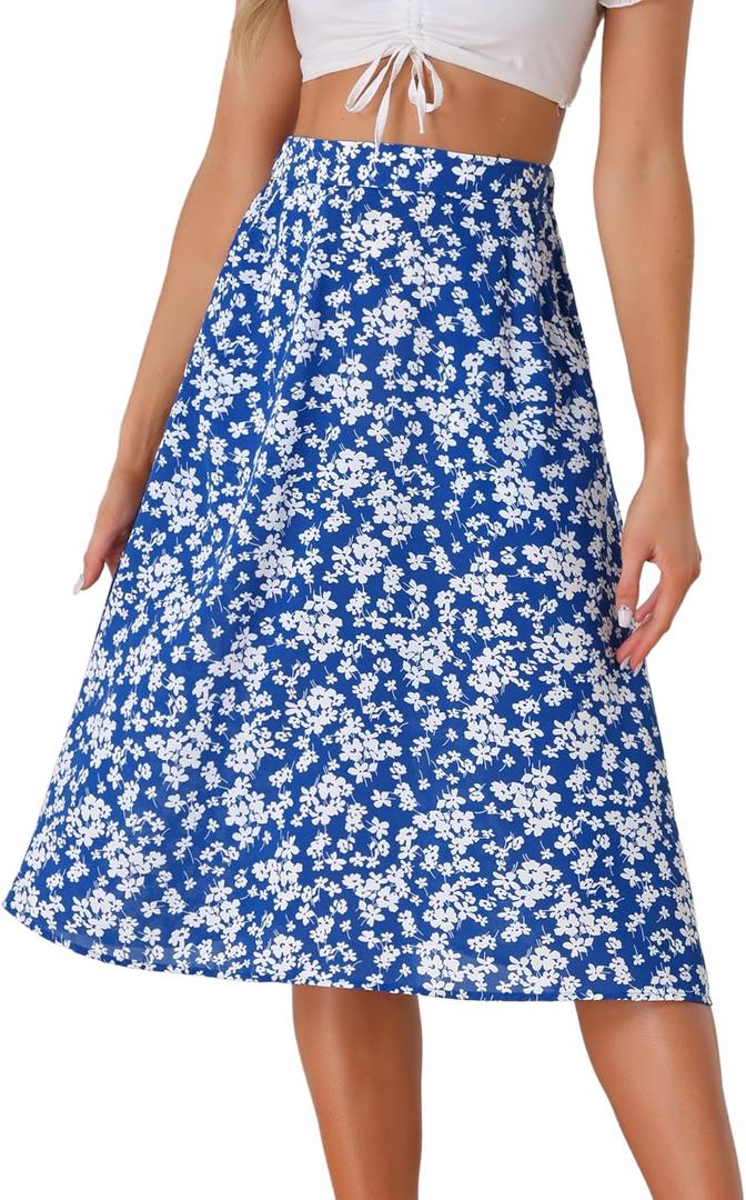 Allegra K Women's Floral Skirt A-Line Midi Skirt Chiffon Elegant 2025 Fall Skirts with Pockets (Blue White) L