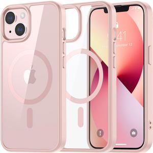 SUPFINE Magnetic for iPhone 13 case & iPhone 14 case, [Compatible with MagSafe][Clear Hard Back with Soft TPU Frame][12FT Military Grade Drop Protection] Shockproof Phone Case,Clear Pink