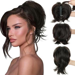Short Claw Clip Ponytail Extension, DIY Bendable Metals for Messy Bun & Natural Wavy Look, Heat Resistant Synthetic Hairpiece for 3-Minute Fast Styling, Daily & Party-Black