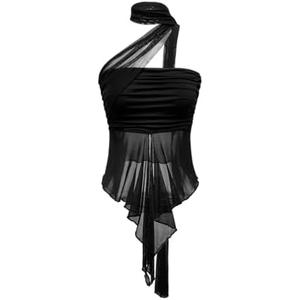 Milumia Women's Mesh Scarf Halter Tops Asymmetrical Hem Y2k Going Out Babydoll Tube Tops Sheer Club Tops, Black, S