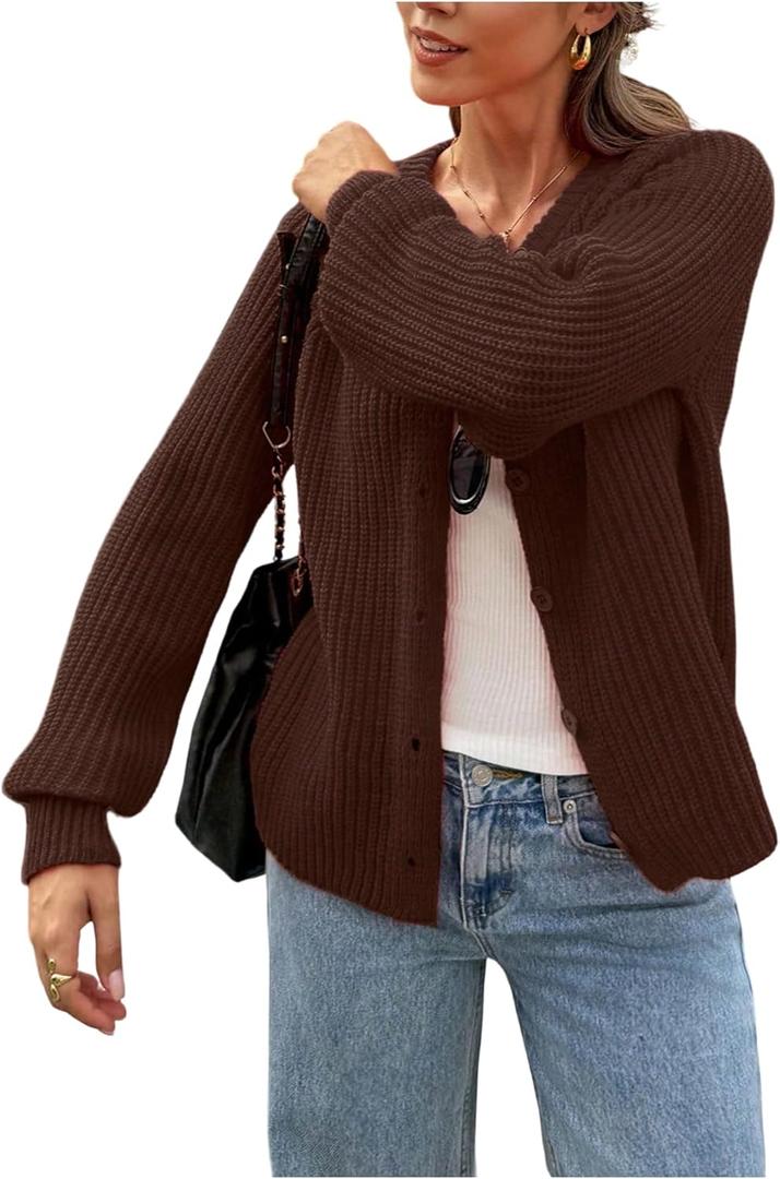 SOLY HUX Women's Chunky Knit Button Up Cardigans Crew Neck Long Sleeve Fall Sweater Outerwear (Coffee Brown)
