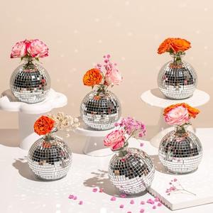 RGBDOT Disco Ball Vase for Centerpieces Disco Ball Planter for Flowers Silver Mirror Glass Disco Ball Decor for Table, Party, Wedding, Birthday, Home, or Bedroom(3.5" X 4")