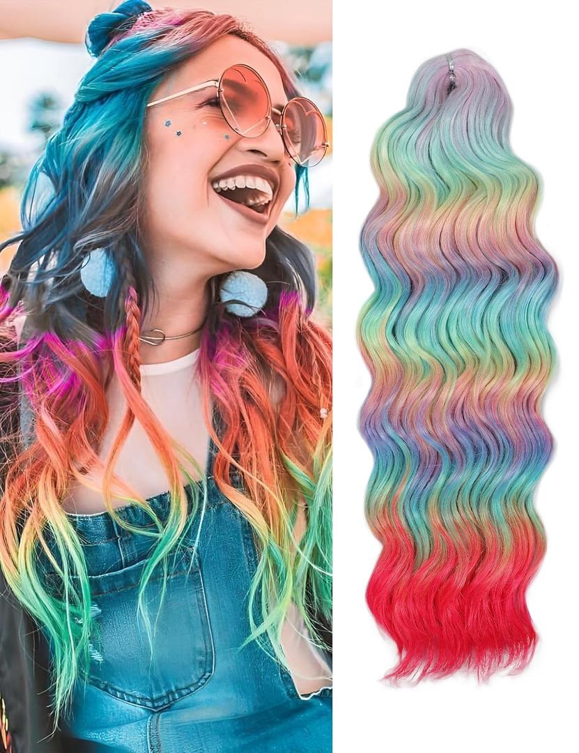 300g Curly Braiding Hair Rainbow Peafowl Ocean Wave Crochet Hair Long Synthetic Loose Deep Wavy Twist Hair for Boho Braids (20 Inch)