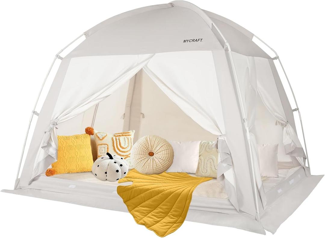 Bed Tents Canopy BedPrivacy Dream Tent for Cozy Indoor Sleeping, Light-Reducing,and Breathable, with 4 Doors Floor Tent BedAvailable in Twin, Full, and Queen Sizes (Gray)