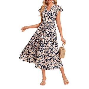 GRACE KARIN Womens Summer Floral Midi Dresses Short Sleeve Beach Wedding Guest Dress Drawstring Long Flowy Dress with Pockets Medium