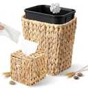 BSSN Wicker Waste Basket and Square Tissue Box Cover Set - Handwoven Water Hyacinth Trash Can with Removable Inner Bucket, Waterproof Boho Decor for Bathroom, Office (2.1 Gal, 5.9" Cube)