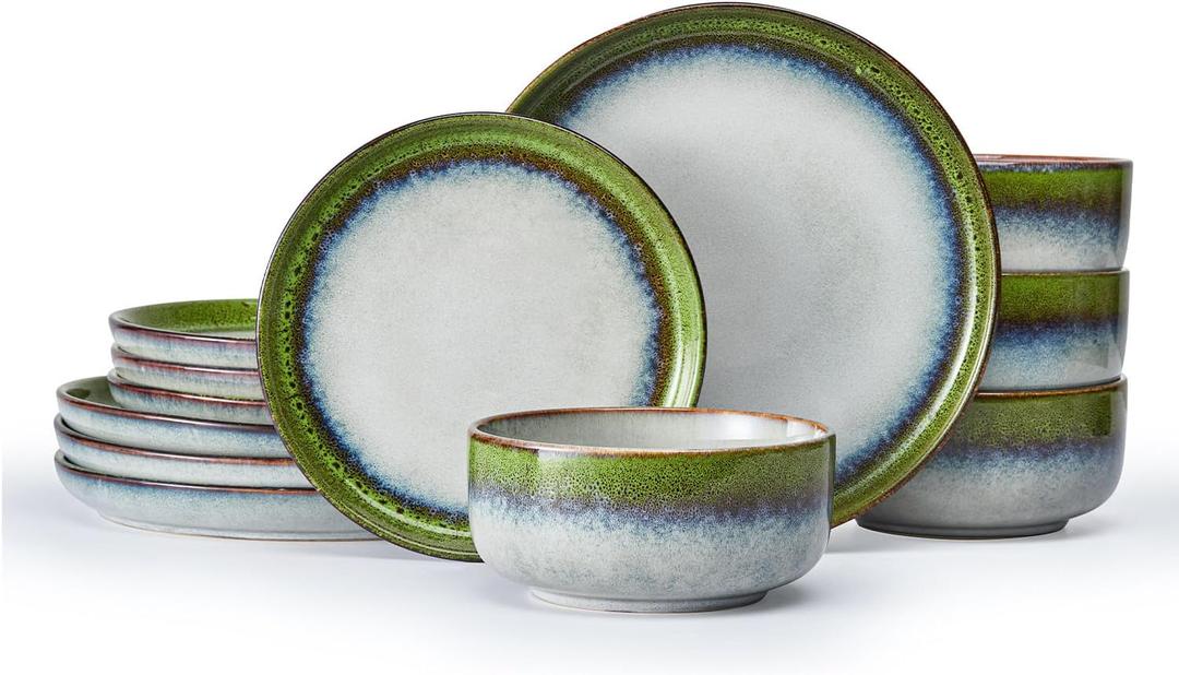 KINGSTONE Stoneware Dinnerware Sets for 4, Reactive Glaze, Kiln-Fired Green