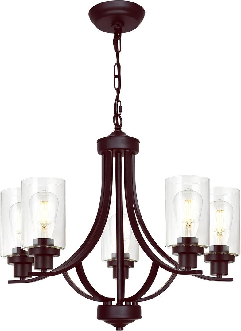 MELUCEE Farmhouse Chandelier Classic 22.6" Contemporary 5-Light Chandelier Lighting with Clear Glass Shade, Kitchen Light Fixtures Ceiling Foyer Lighting in Oil Rubbed Bronze Finish