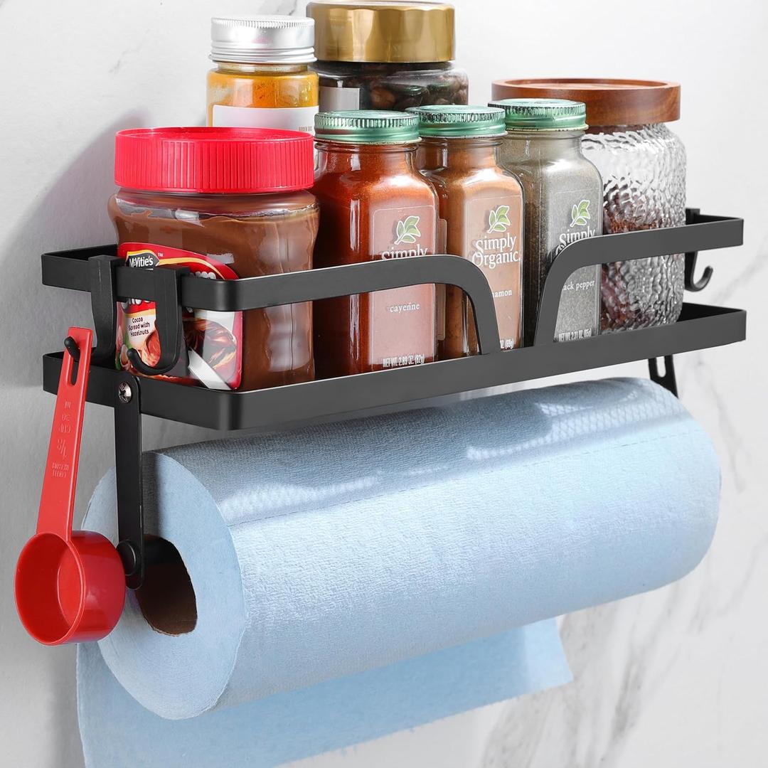 SUNTECH Paper Towel Holder with Shelf, 2-in-1 Adhesive Wall Mount Paper Towel Holder with 4 Hooks for Kitchen Garage and Tool Room, Black