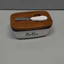 Ceramic Butter Dish with Lid and Knife for Countertop, Airtight Butter Keeper for Counter or Fridge, Butter Container with Thick Acacia Wood Lid, for Farmhouse Kitchen Decor and Accessories, White