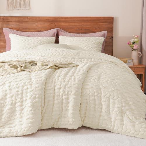 PHF Fluffy Sherpa Fleece King Comforter Set, 3 Pieces Warm Fuzzy Soft Bedding for Winter, 3D Tufted Flannel Plush Shaggy Bed Set, 1 Comforter (104"x90") and 2 Pillowcases (20"x36"), Cream