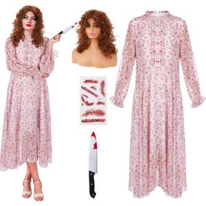 7 Pcs Halloween Women Scary Costume Set, Pink Floral Dress, Brown Wig, Bloody Knife, Horror Stickers Cosplay Outfit (L)