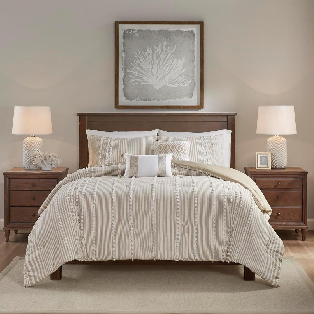 Harbor House Cotton Comforter Set - Trendy Tufted Textured Design, All Season Down Alternative Cozy Bedding with Matching Shams, Anslee Pom Pom Taupe Full/Queen(92"x96") 3 Piece