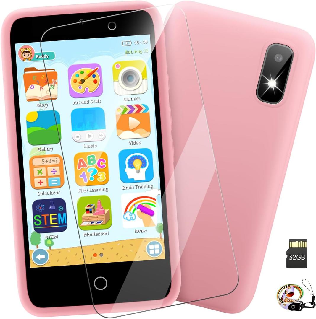 MINIBEAR Kids Toy Smartphone, 3.97" Toddler Dual Camera Learning Toys, 201+ Educational Games Play Phone No WiFi for Girls Boys 312 Christmas Birthday Gifts with 32g SD Card (Pink)