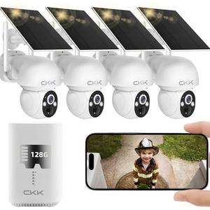 2.5K Wireless Solar Security Camera System, 4 Pack 360 View PTZ WiFi Cameras, Full Color Night Vision,Easy Setup, 2-Way Audio,10CH WiFi NVR with 128GB Storage, PIR Alarm, Compatible with Alexa