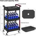 MIOCASA Utility Rolling Cart with Cover Top Board, 3-Tier Kitchen Storage Organization, Art Cart with Wheels for Office, Classroom, Livingroom, Kitchen, Bathroom (Black, 3-Tier-Plastic)
