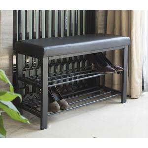 Finnhomy Entryway Shoe Rack with Cushioned Seat, Shoe Bench for Entry, 2 Shelves Storage Bench w/Faux Leather Top Bed Bench, Black