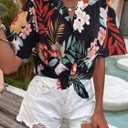 Hawaiian Shirts for Women Soft Cool Summer Hawaiian Shirt Floral Tropic Print Tees V Neck Button Up Short Sleeve Top (Black, L)