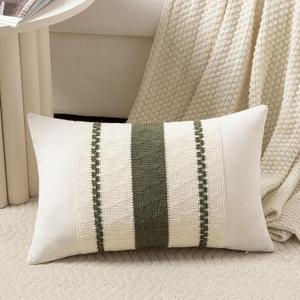 Fancy Homi Set of 1 Boho Olive Green Lumbar Decorative Throw Pillow Cover 12x20 Inch for Couch Bed Sofa Chair, Modern Organic Farmhouse Home Decor, Soft Cotton Cute Accent Rectangle Cushion Case