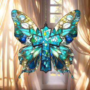 Jesus Cross Suncatcher with Butterfly Wings Christian Acrylic Stained Glass Effect Art Window Hanging Ornament Garden Decor Valentines Day Decoration Gifts for Girlfriend Wife Women Teacher (6")
