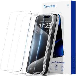 SYNCWIRE Screen Protector for iPhone 15 Pro, Shatterproof Tempered Glass [Easy Installation Frame] [9H Hardness] [99.99% HD Clear] [Case Friendly] [Bubble Free] for Apple iPhone 6.1 inch, 3 Pack