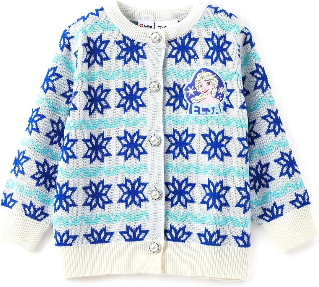 Disney Stitch Frozen Elsa Minnie Mouse Toddler Girl Knit Sweater Button up Cardigan Long Sleeve Crewneck Pullover 2-13 Years (5-6 Years)