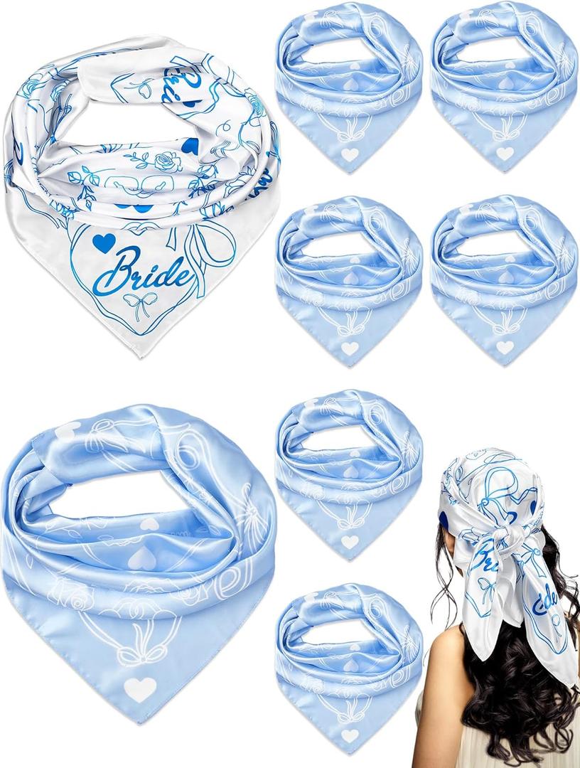 8 Pack Blue and White Silk Bride Bandanas 27 "x 27" Soft Blue Headbands Bridesmaid Gifts Last Toast on the Coast Bachelorette Party Item Head Scarf for Bridal Shower Favors Maid of Honor