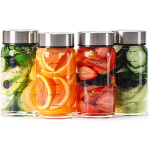 Qumuauu 12oz Glass Juice Bottles – 4 Pack Reusable Wide Mouth Bottles with Stainless Steel Lids & Cleaning Brush, BPA-Free Water Bottles for Juicing, Smoothies, Milk, and Protein (360ml)