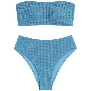 ZAFUL Women Strapless Textured Bandeau Bikini 2 Piece Swimwear Cheeky Solid Lace up Bathing Suits ZAFUL Women Strapless Textured Bandeau Bikini 2 Piece Swimwear Cheeky Solid Lace up Bathing Suits