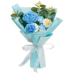 Crochet Flowers Rose Artificial Flower, Handmade Crochet Flowers Bouquet,Crochet Knitted Flowers Gifts for Mom Lover Friend Home Decor,for Girlfriend Mothers Day Birthday Home Decor (Blue)
