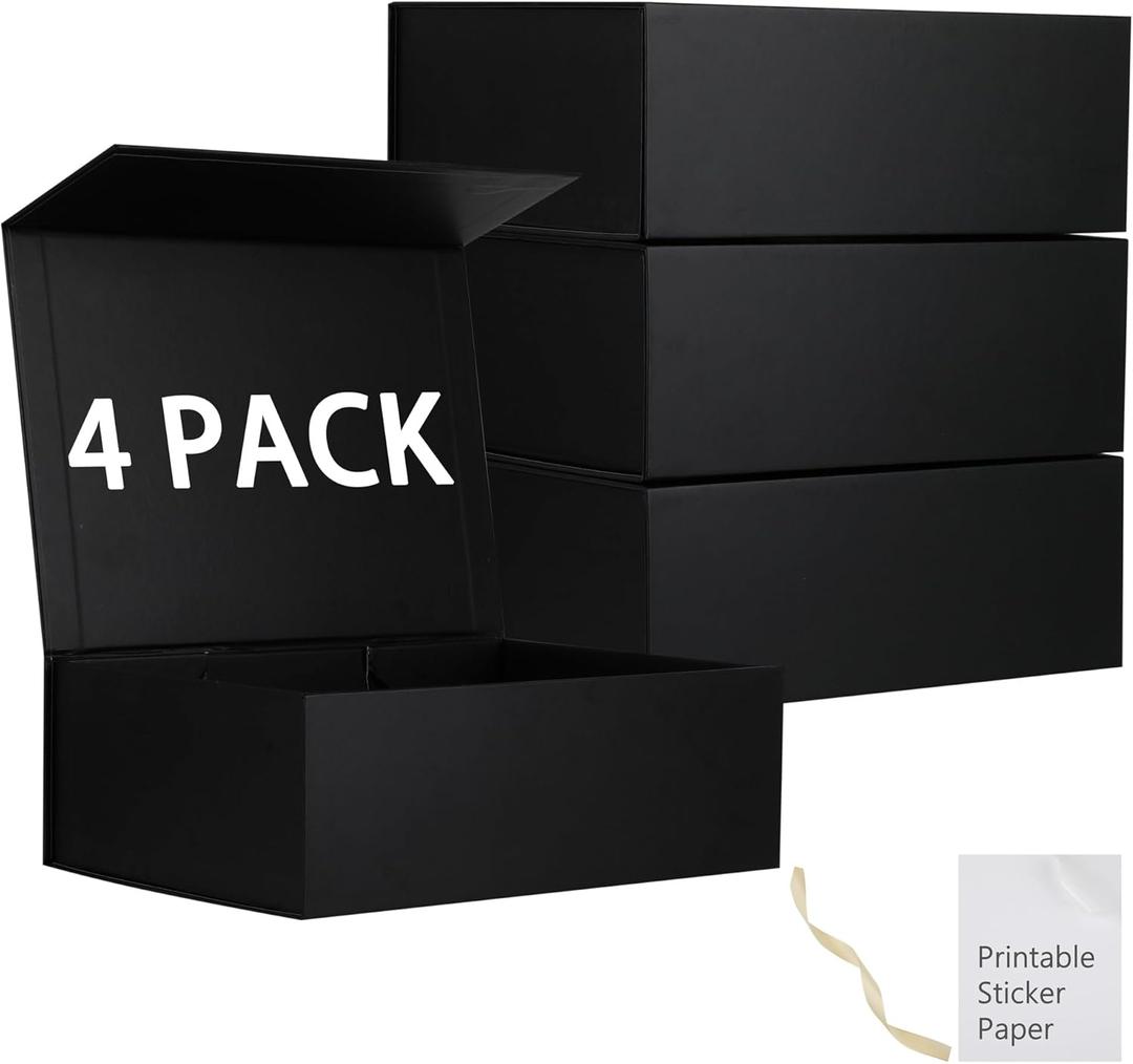 MUMUPACK 4 Pack Black Gift Boxes With Lids,12x8x4.5 Inch Bridesmaid Proposal Box And Printable Stickers,Proposal Boxes With Ribbon For Wedding, Packaging, Present, Birthday