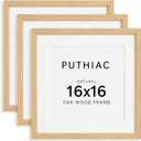 puthiac 16x16 Solid Oak Wood Picture Frame, Fits 12x12 with Mat or 16x16 Without Mat, Wall Display Only, Plexi Front, 3 Pack, Natural Oak
