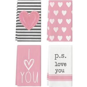 Artoid Mode Pink Heart Stripe I Love You Valentine's Kitchen Towels Dish Towels, 18x26 Inch Anniversary Wedding Decoration Hand Towels Set of 4